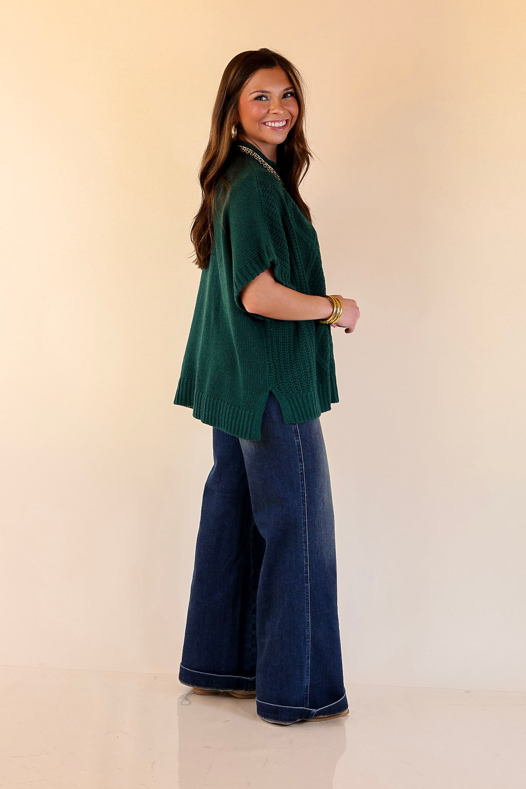 Mud Pie | Claude Oversized Cable Knit Dropped Shoulder Sweater in Forest Green