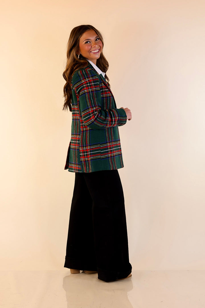 Charmed for the Season Long Sleeve Tartan Plaid Blazer in Green