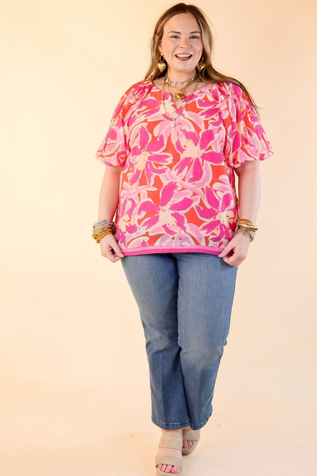 Paradise Petals Floral Print Top with Short Puff Sleeves and a Notched Neckline in Magenta Mix