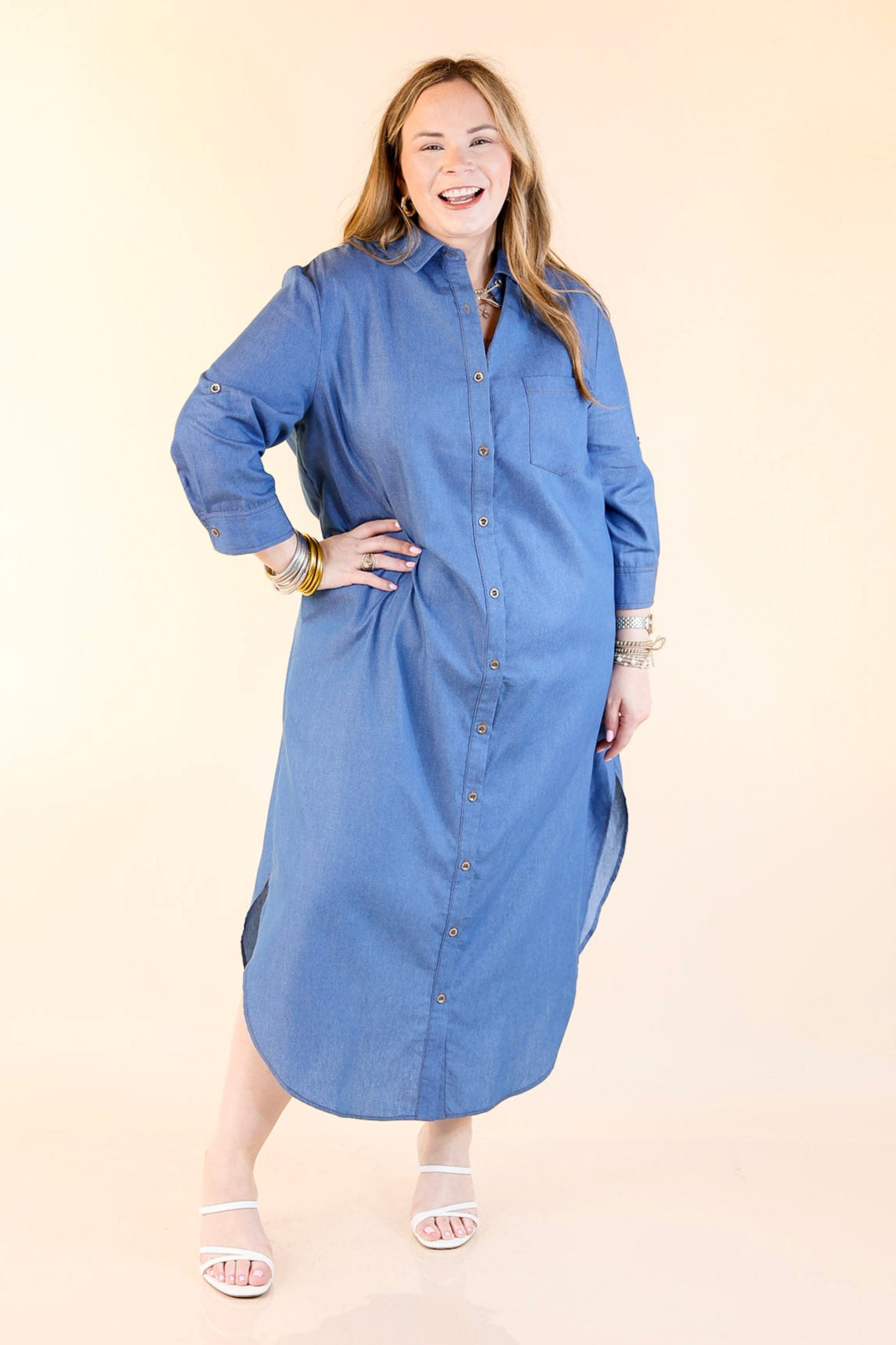 Light Wash Button Front Denim Midi Dress detail view