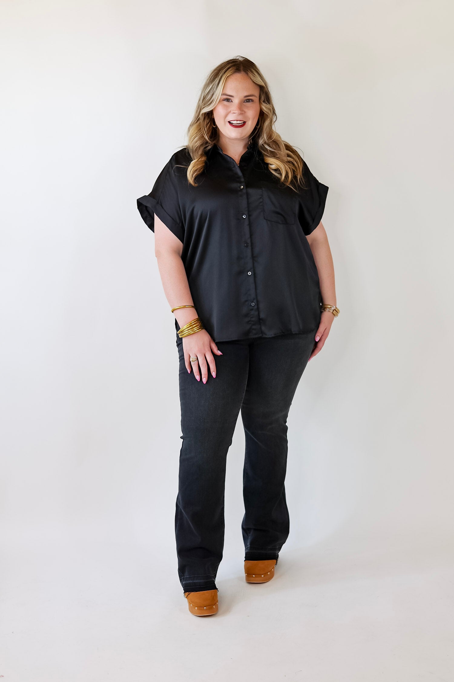 Free To Be Fab Button Up Short Sleeve Top in Black - Giddy Up Glamour Boutique