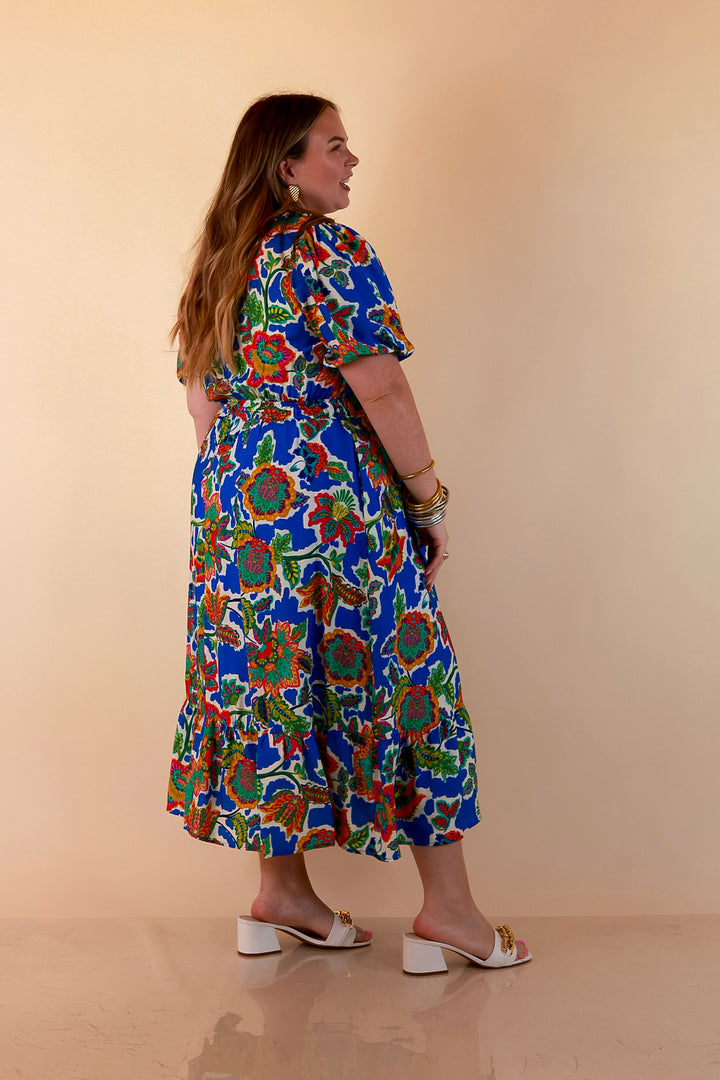 Color Me Happy Floral Print Midi Dress with Tie Neckline and Puff Sleeves in Royal Blue