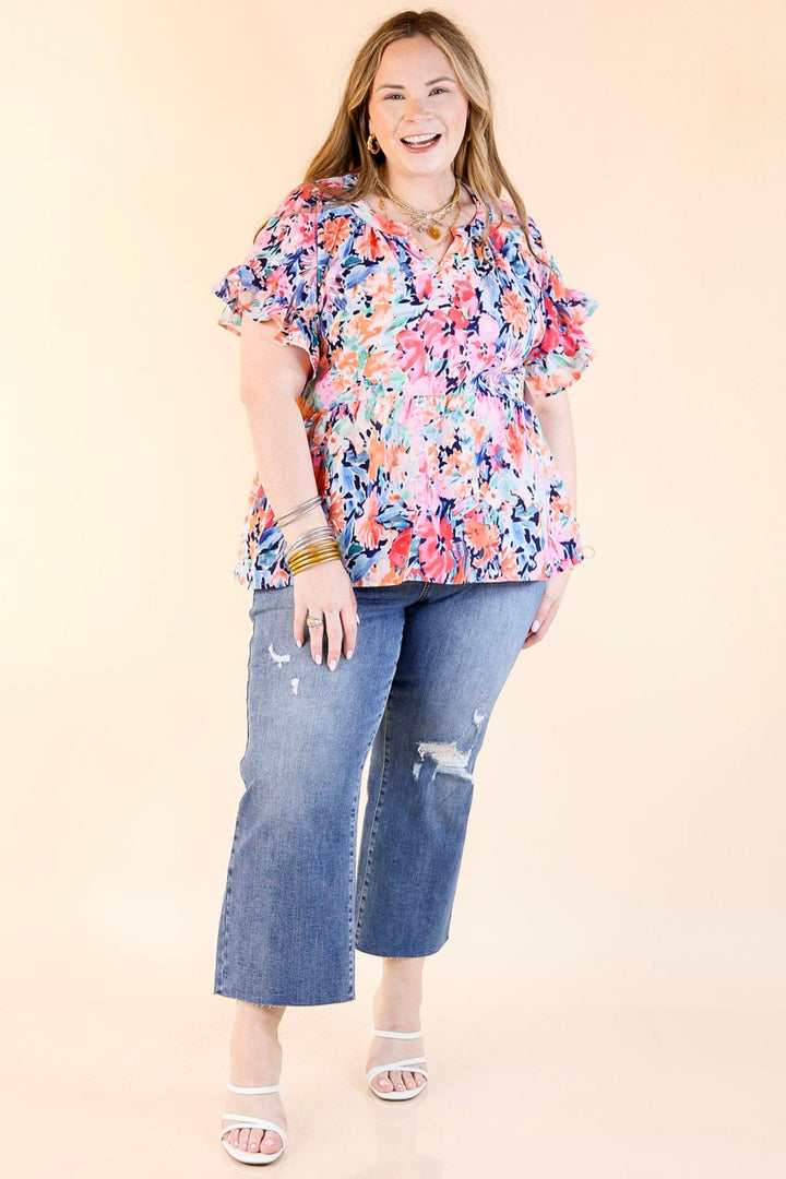 Spring Fever Floral Babydoll Top with Ruffle Short Sleeves in Pink and Blue Mix