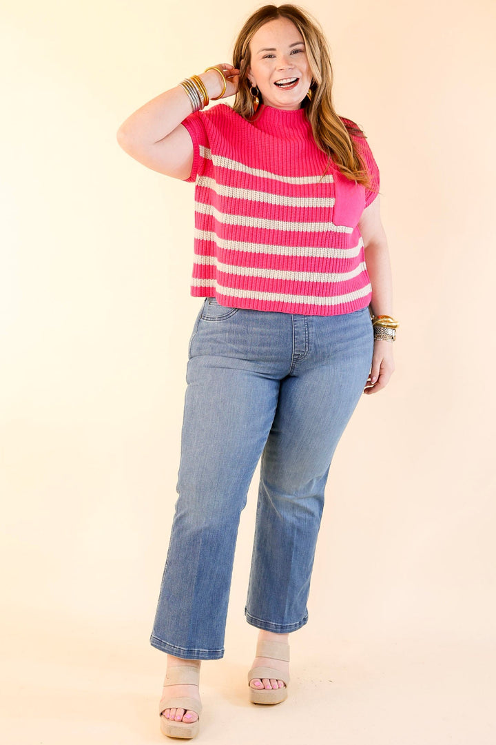 Repeat Worthy Striped Cap Sleeve Cropped Sweater with Front Pocket in Hot Pink