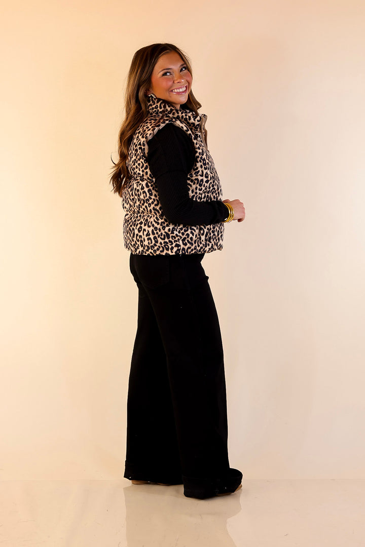 Lucky in Leopard Print Puffer Vest in Cream and Black
