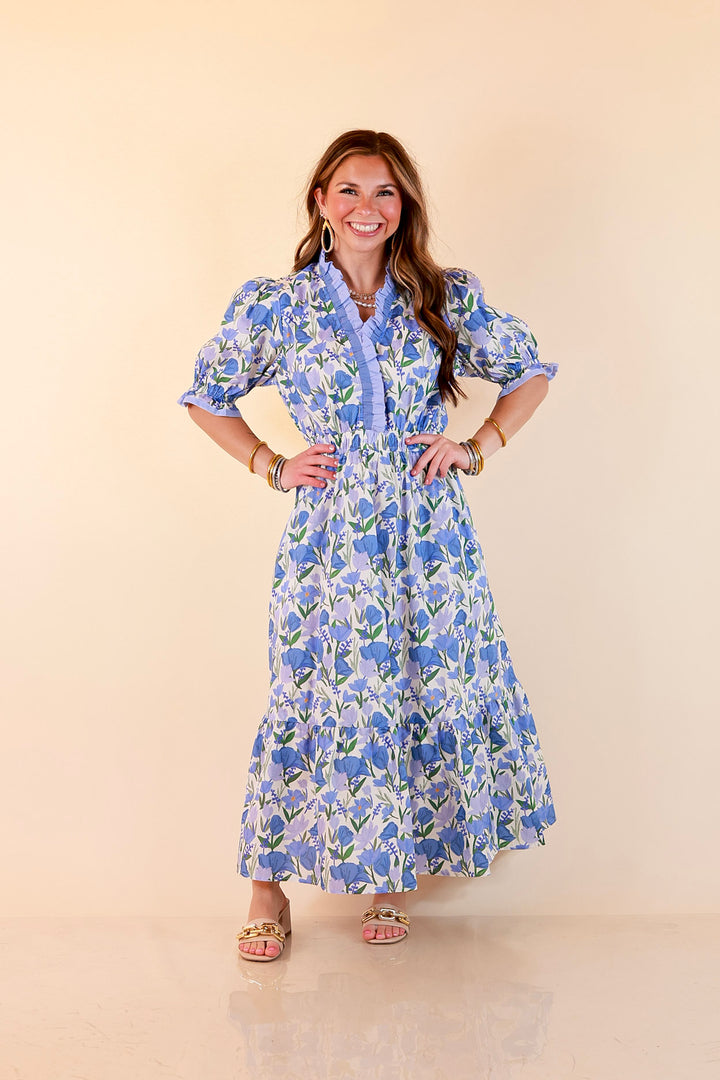 Gracefully Yours Floral Print Midi Dress with Contrast Ruffle Trim in Blue