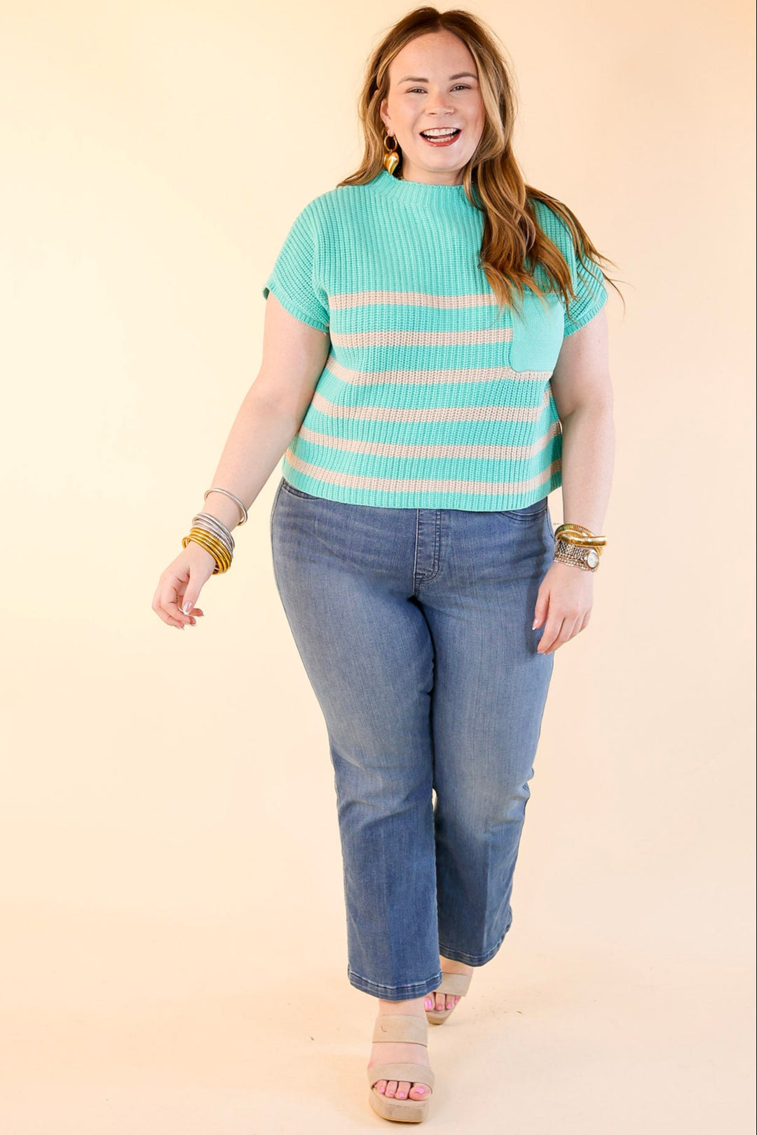 Repeat Worthy Striped Cap Sleeve Cropped Sweater with Front Pocket in Mint Green