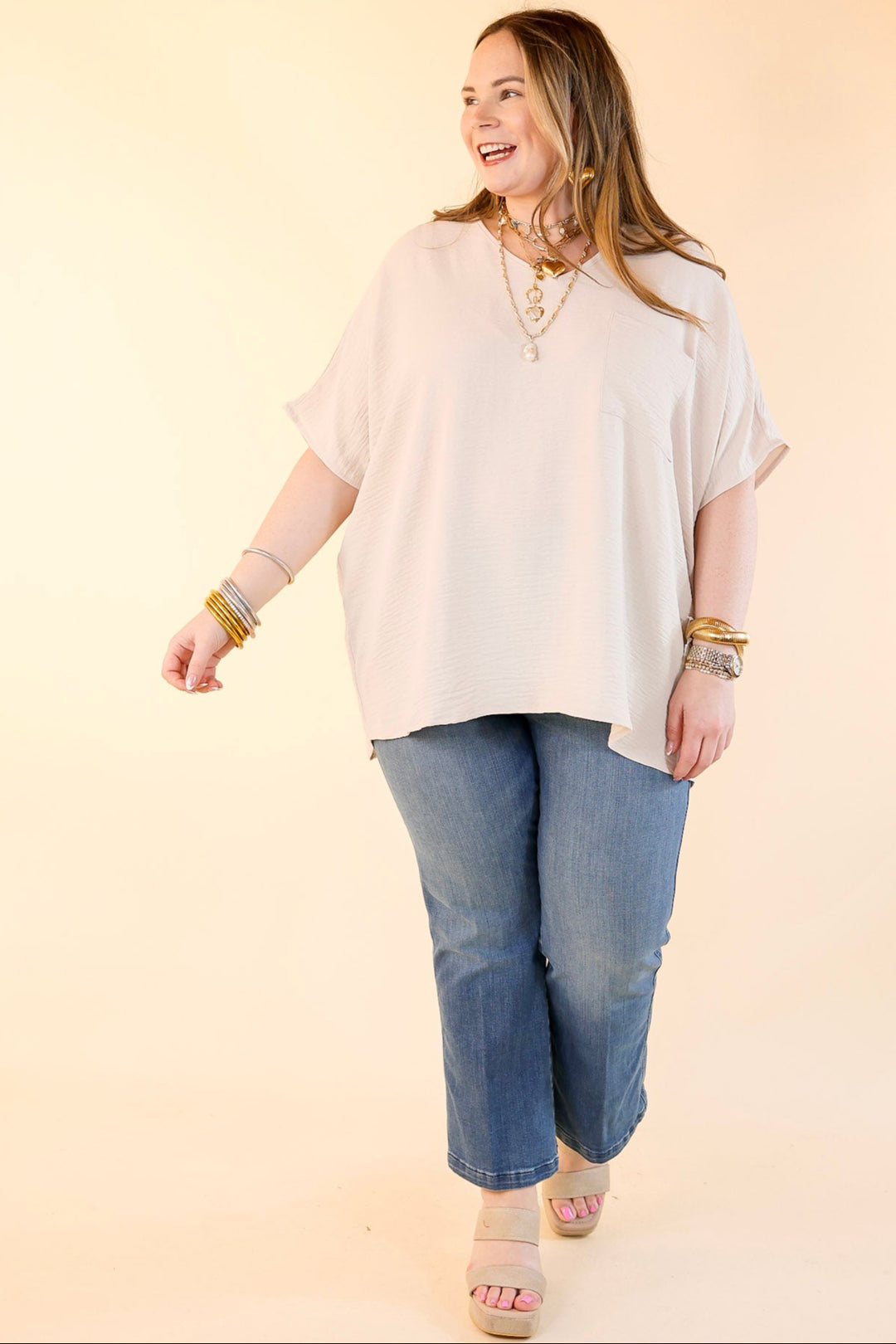 Try To Resist Short Sleeve V Neck Top with Front Pocket in Beige