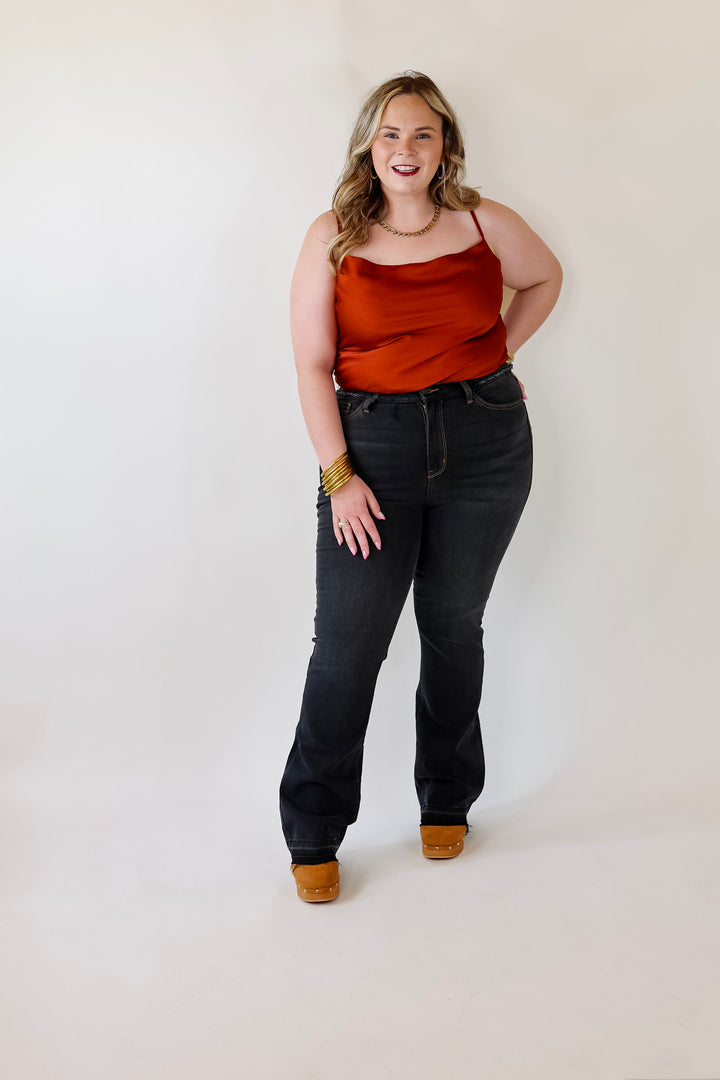 Fall Fields Crepe Cowl Neck Bodysuit with Spaghetti Straps in Rust Red - Giddy Up Glamour Boutique