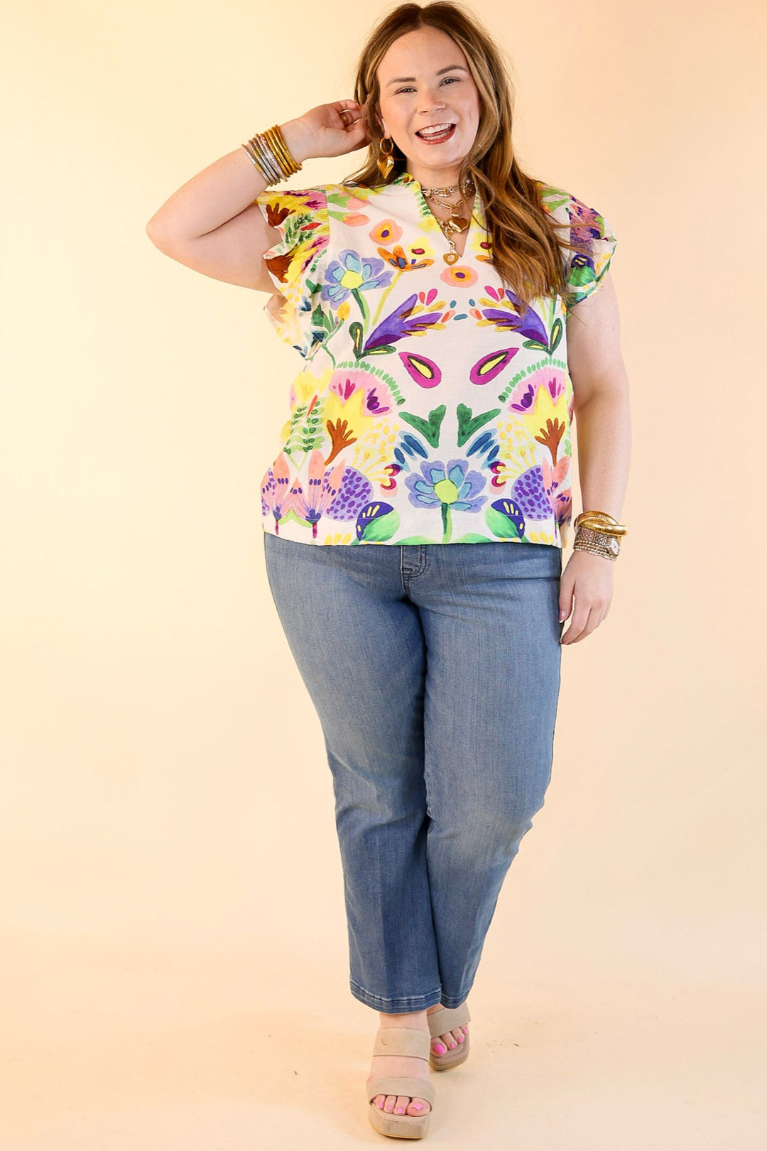 Island Escape Floral Print Top with Ruffle Cap Sleeves and Notched Neckline in Green Mix