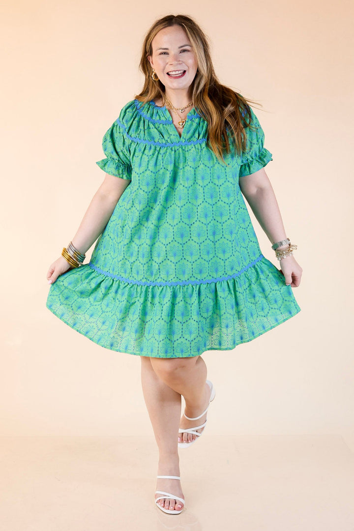 Sweet & Sassy Puff Sleeve Blue Embroidered Eyelet A-Line Dress in Green