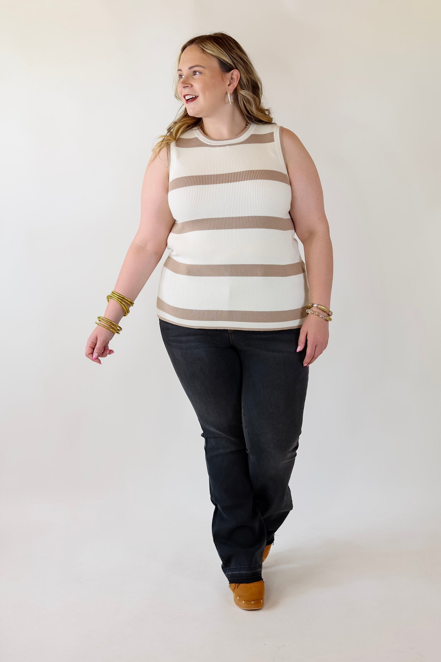 Made For Shade Striped Sweater Tank Top in Taupe - Giddy Up Glamour Boutique