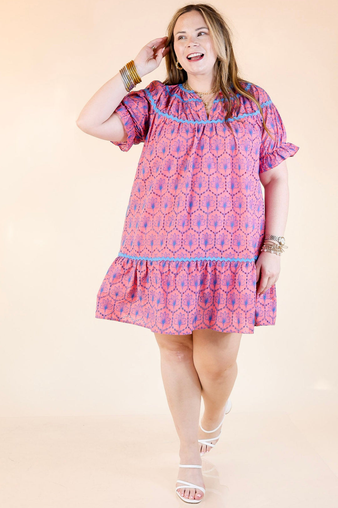 Sweet & Sassy Puff Sleeve Blue Embroidered Eyelet A-Line Dress in Pink