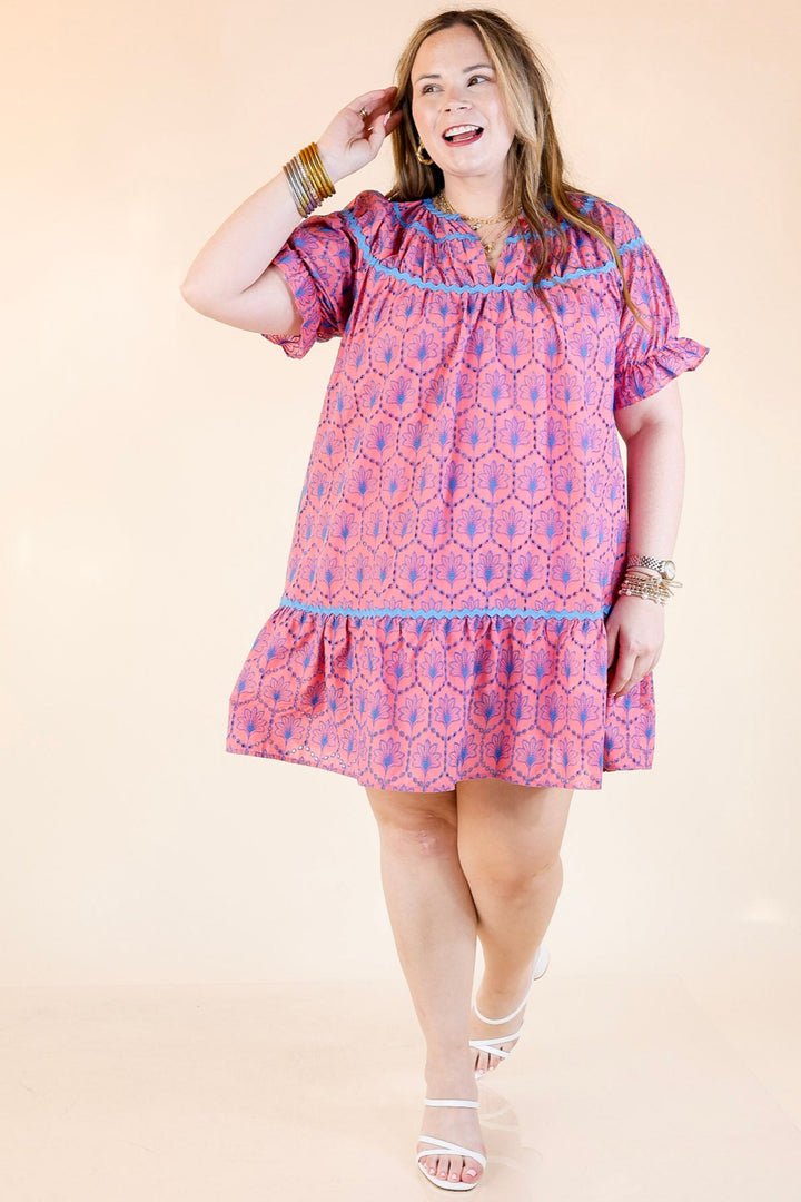 Sweet & Sassy Puff Sleeve Blue Embroidered Eyelet A-Line Dress in Pink
