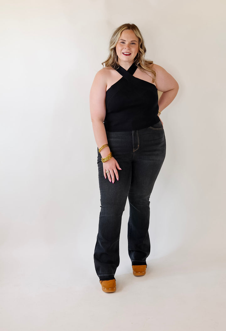 Talk To Me Crossed Strap Top in Black - Giddy Up Glamour Boutique
