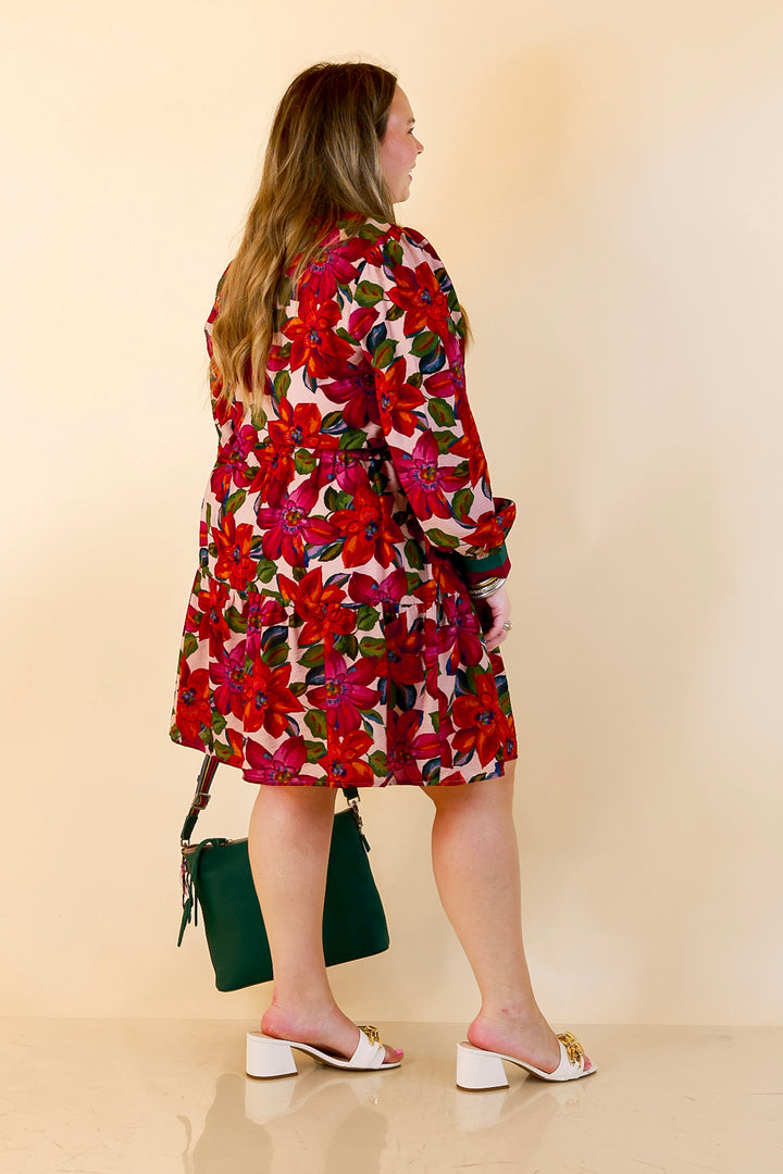 Color Me Confident Floral Print Button Front Contrast Trim Dress in Ivory, Plum and Emerald Green