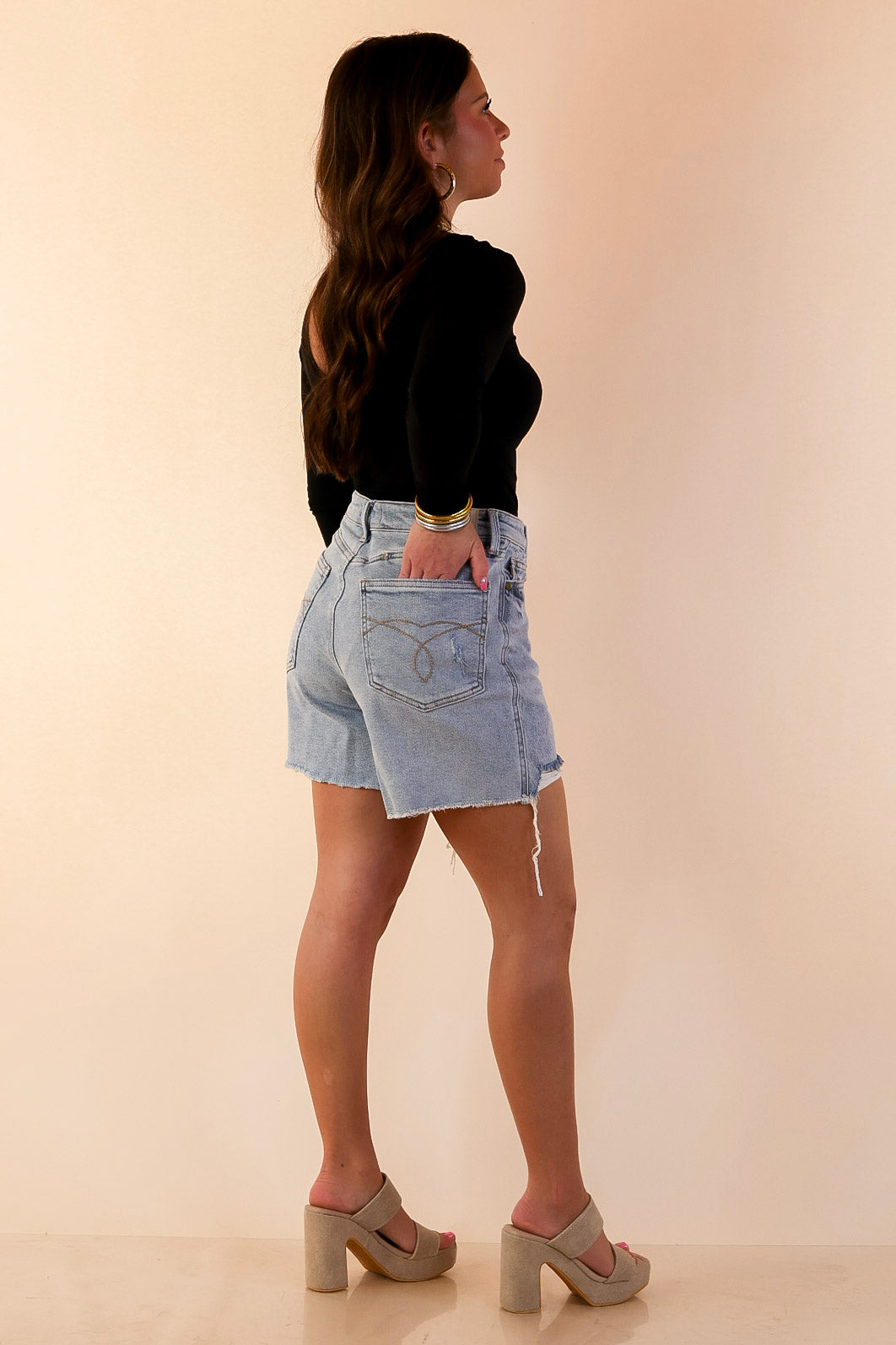 Judy Blue | Effortless Edge Rigid Magic Distressed Frayed Hem Denim Dad Shorts in Light Wash