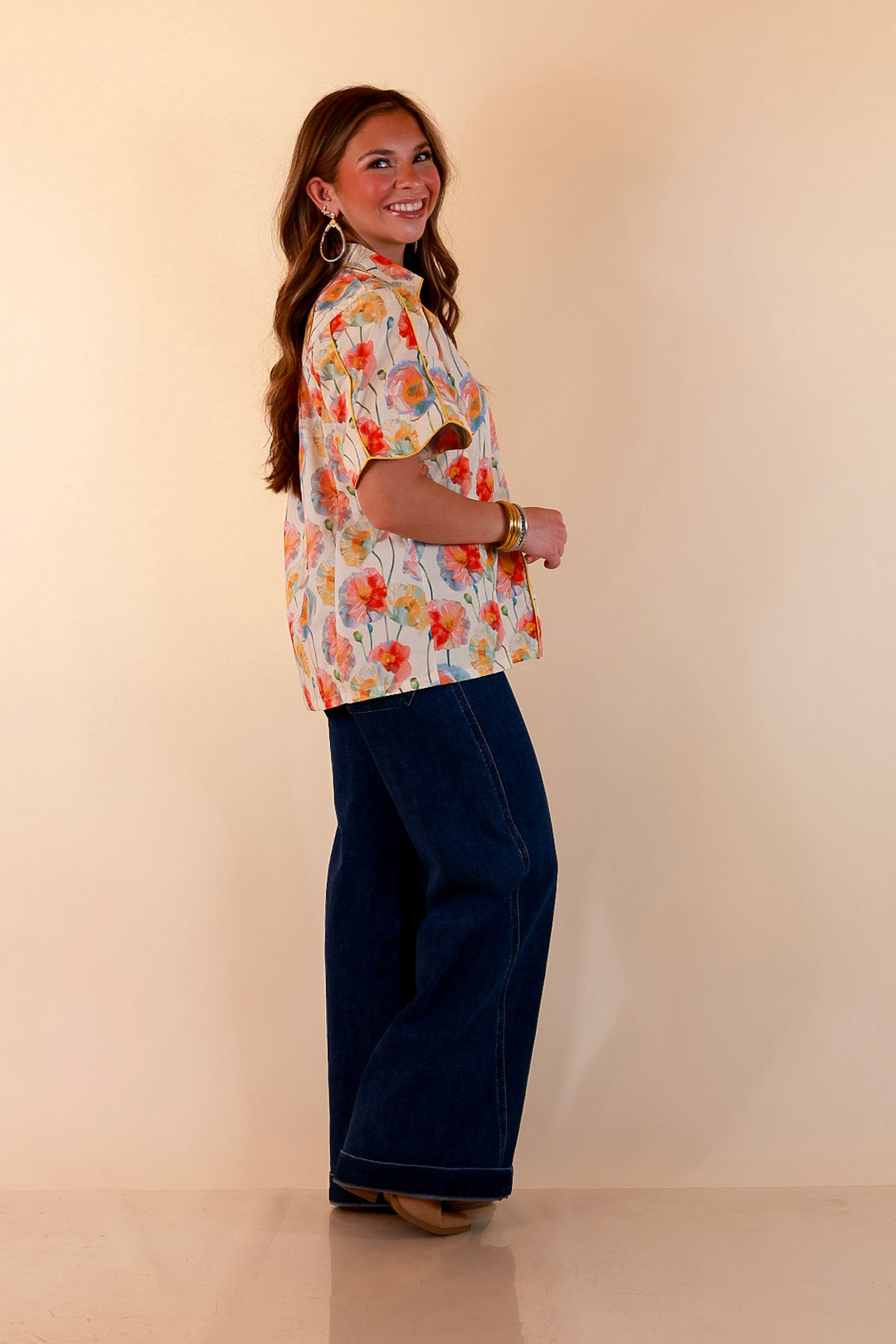 Petals and Plans Poppy Floral Print Button Up Collar Blouse in Cream