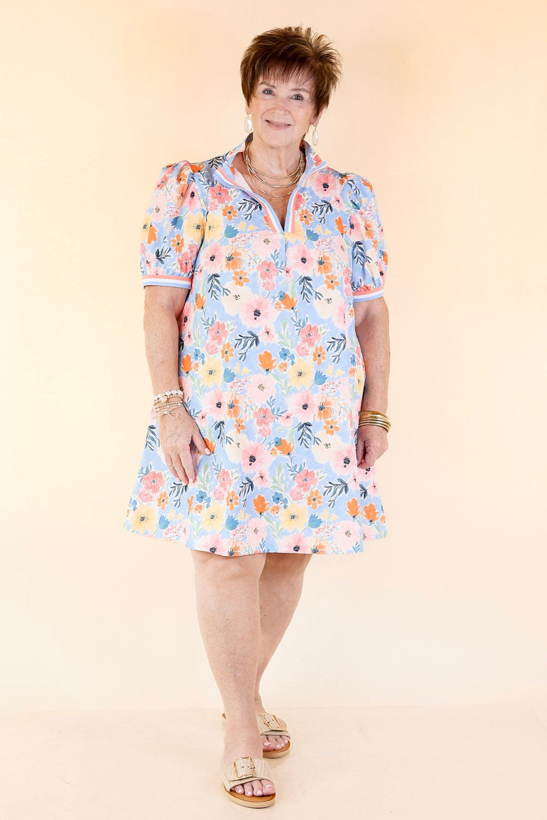 Lovely as Ever V Neck Floral Print Dress in Blue and Pink Mix