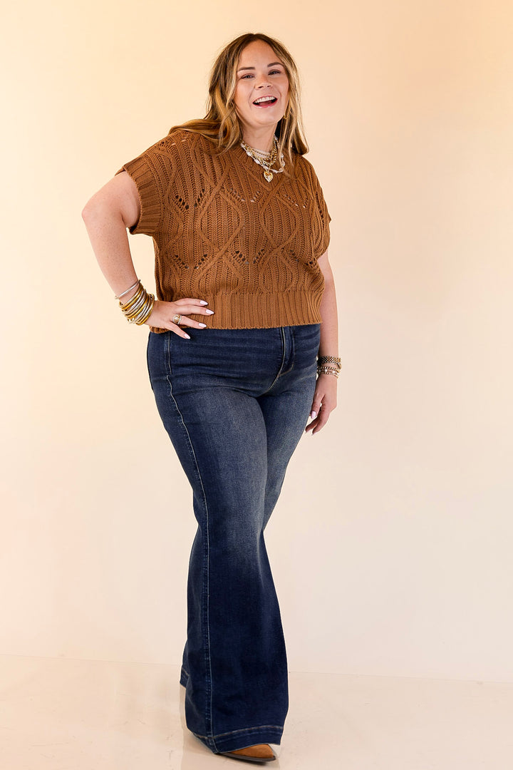 Knit to Last Cable Knit Short Sleeve Sweater Top in Camel Brown