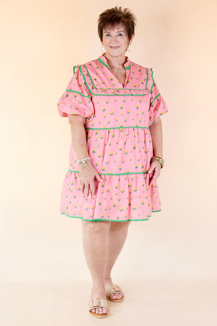 Pretty Please Floral Print Tiered Babydoll Dress in Pink