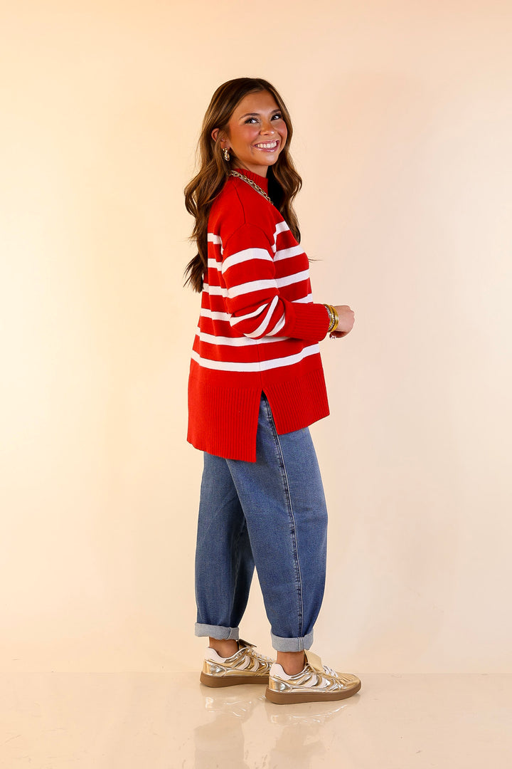 Chilly Day Charm Mock Neck Long Sleeve High-Low Striped Sweater in Red with Ivory Stripes