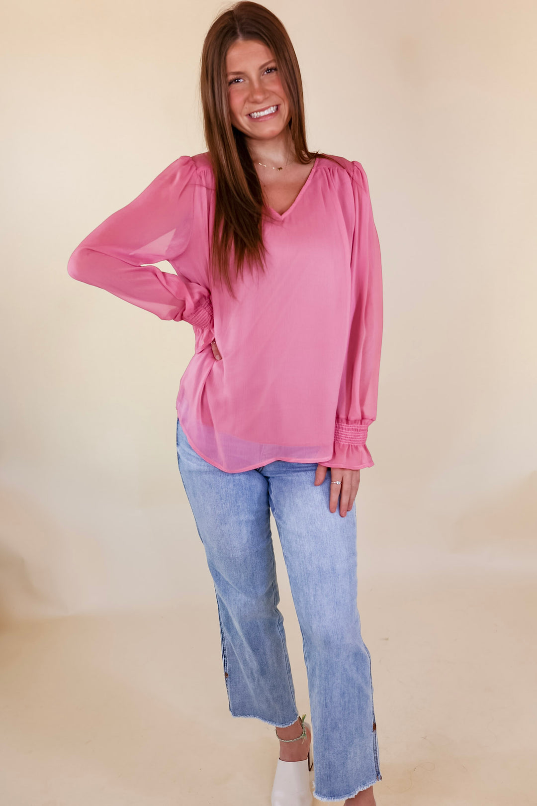 Casually Stunning V Neck Long Sleeve Blouse in Mauve Pink - Giddy Up Glamour Boutique
