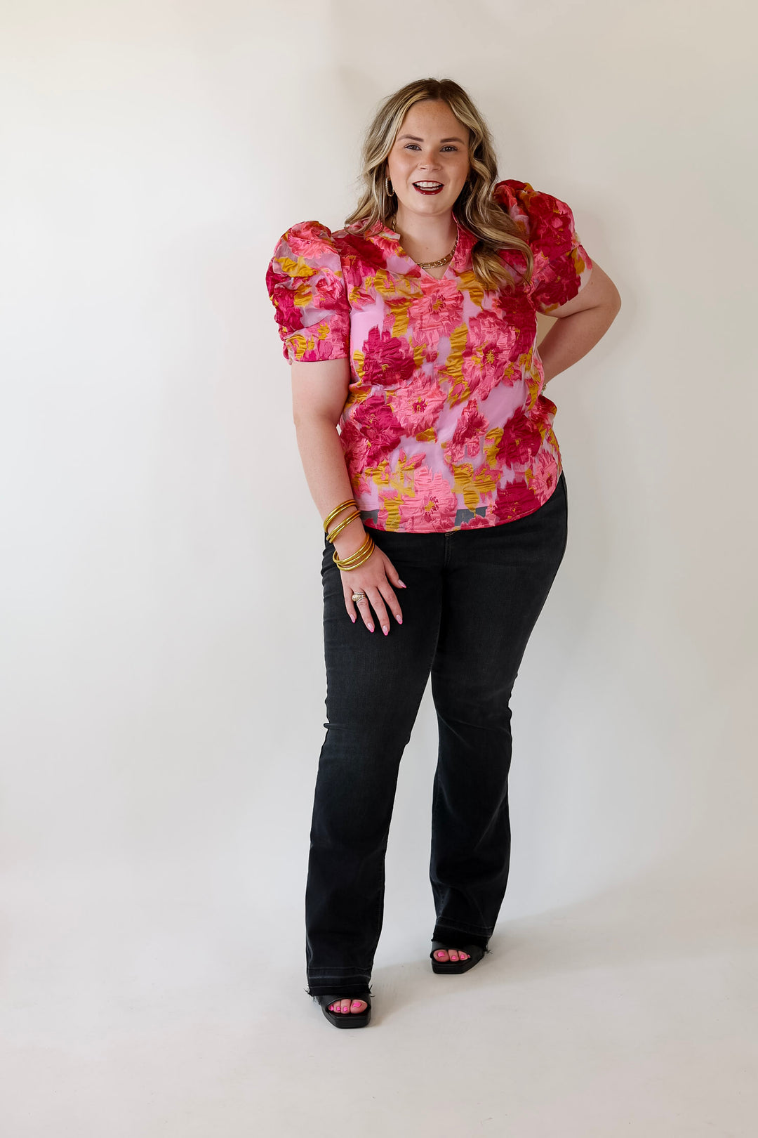 A Fine Feeling Floral Print Top with Puffed Sleeves in Pink - Giddy Up Glamour Boutique