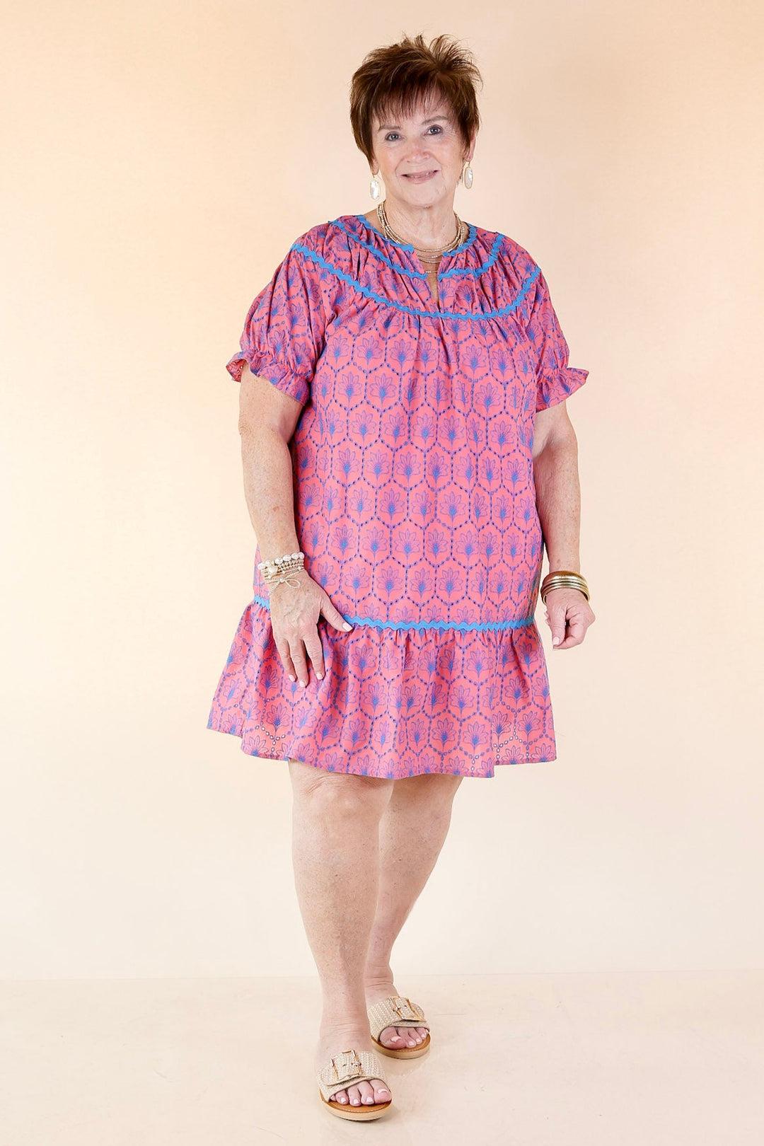 Sweet & Sassy Puff Sleeve Blue Embroidered Eyelet A-Line Dress in Pink