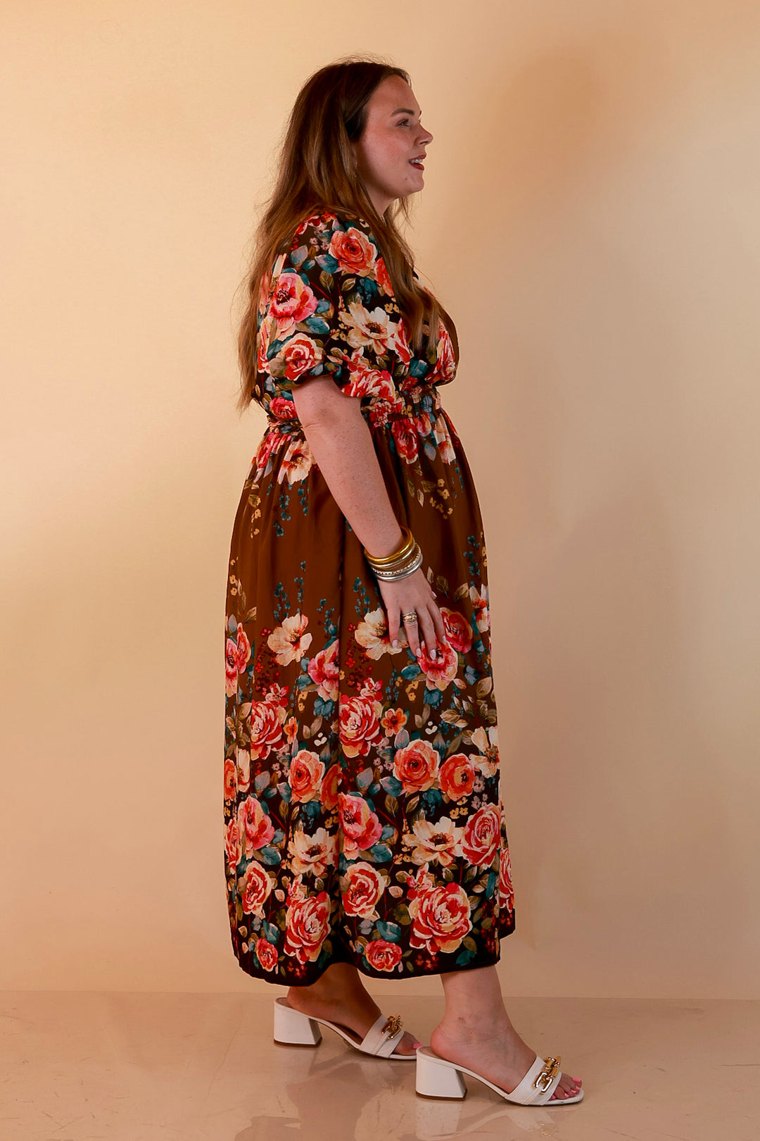 Brunch with the Girls Puff Sleeve Smocked Waist Floral Print Tiered Midi Dress in Chocolate Brown Multi