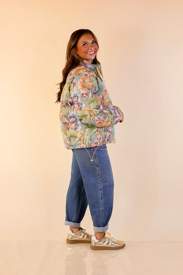 Whispers of Winter Floral Print Zip Up Puffer Jacket in Cream