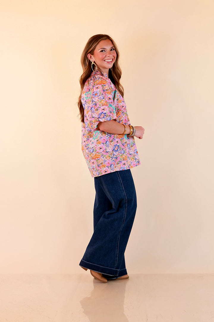 Blooming Beauty Floral Print V Neck Top with Smocked Neckline and Puff Sleeves in Pink Multi Color
