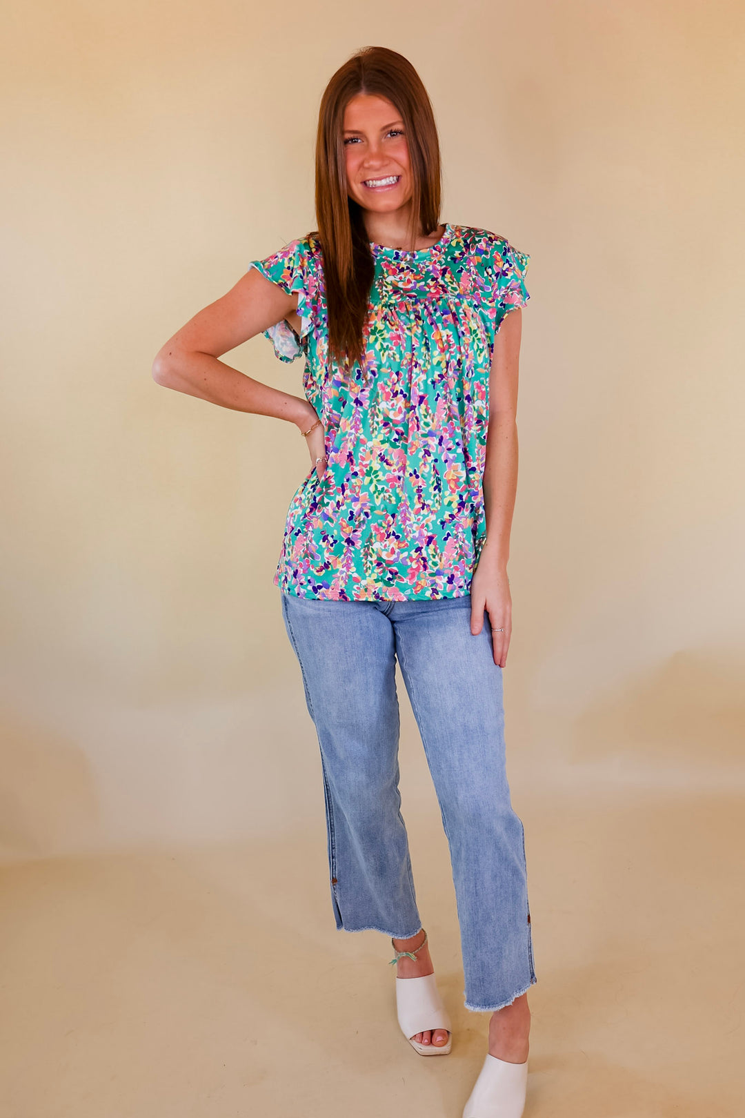 Garden Glory Floral Top with Ruffle Cap Sleeves in Green - Giddy Up Glamour Boutique