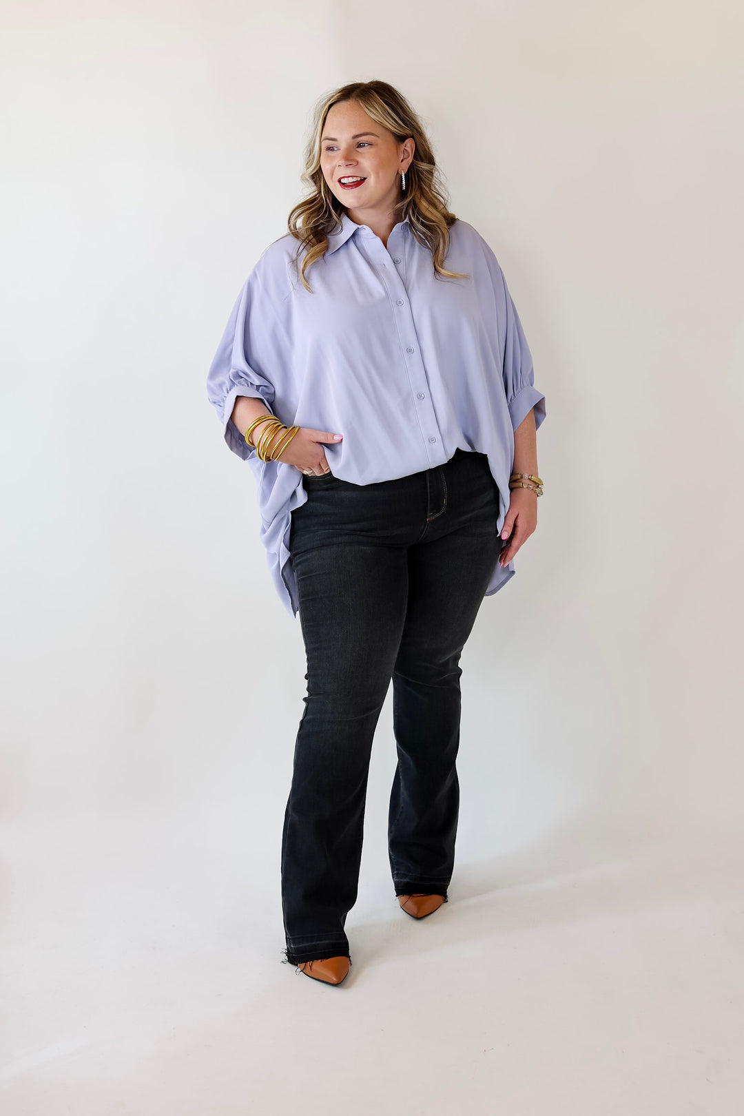 City Lifestyle Button Up Half Sleeve Poncho Top in Light Blue - Giddy Up Glamour Boutique