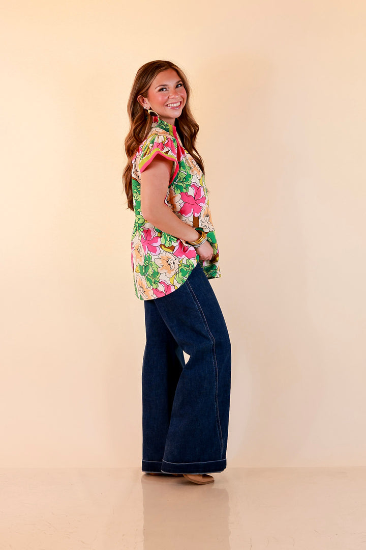 Spring Symphony Floral Print Flutter Sleeve Top with Contrast Trim Split Neckline in Pink and Green