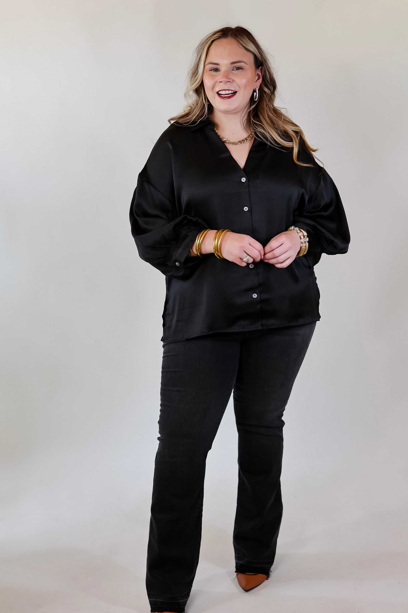 Sweet Notion Button Up 3/4 Balloon Sleeve Top in Black - Giddy Up Glamour Boutique