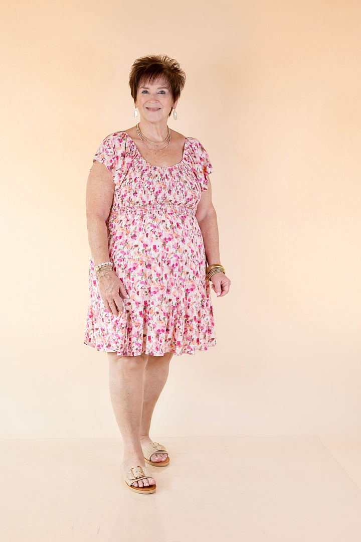 Sweet To Me Smocked Upper Floral Tiered Dress in Pink