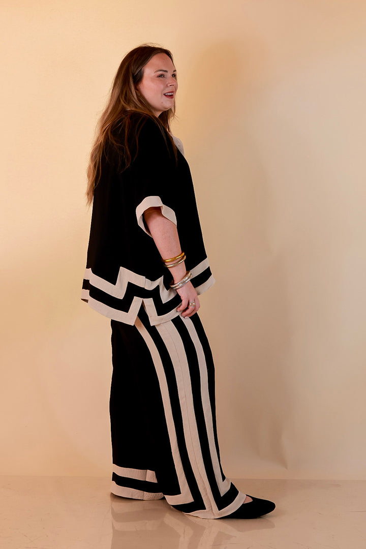First Class Chic Button Front Collared Top with Matching Wide Leg Pants Set in Black and Ivory