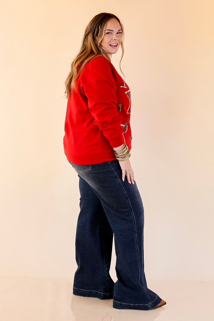 Mud Pie | Season's Sippings Oversized Sequin Cocktail Graphic Sweatshirt in Red