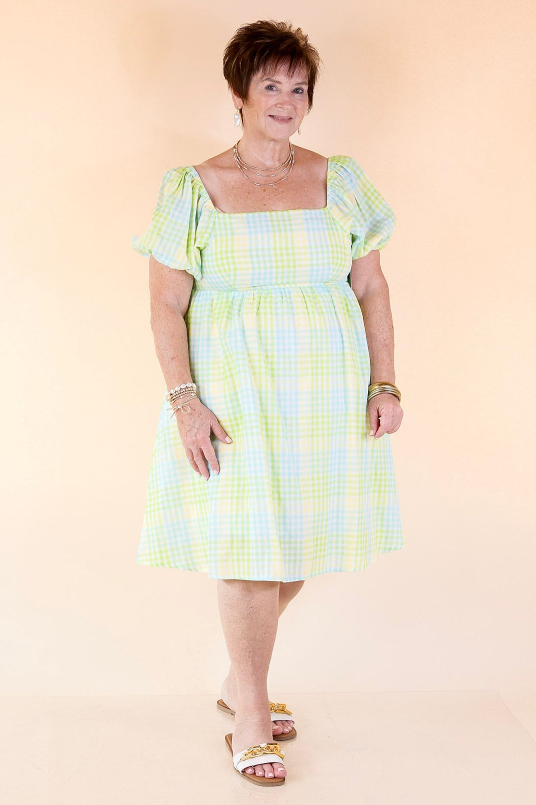 Spring Serenity Plaid Dress with Balloon Sleeves in Green Mix