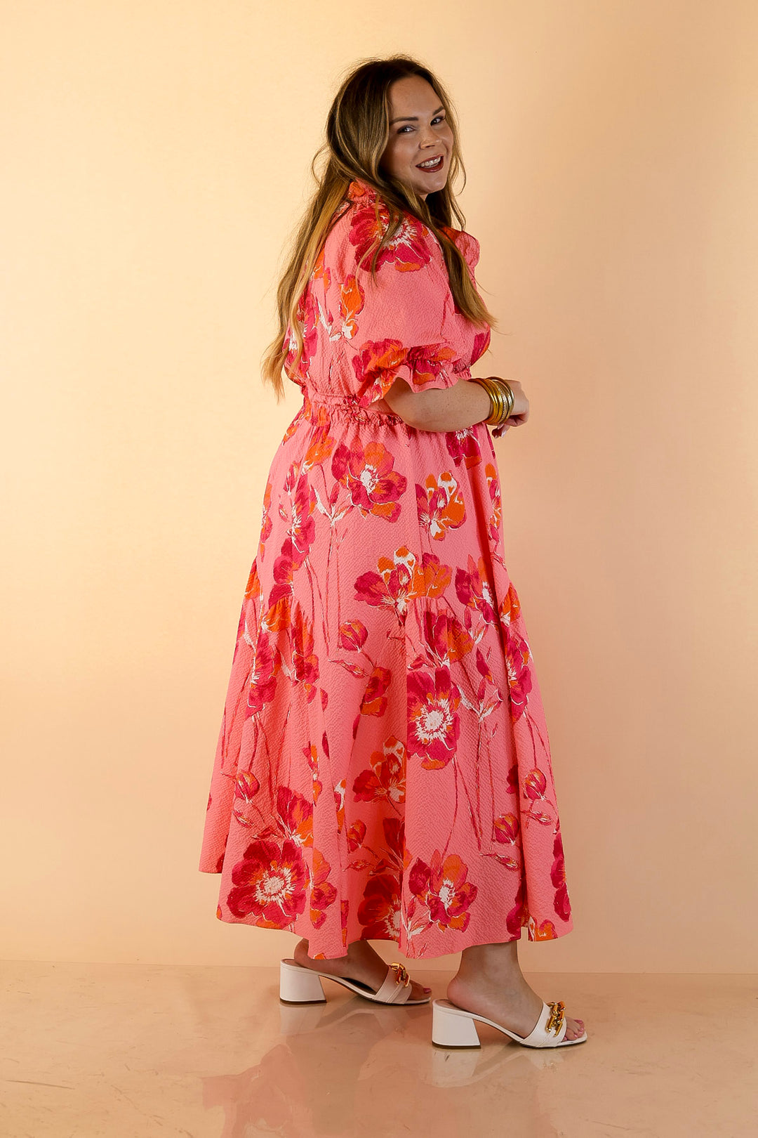 Breezy Belle Floral Print Textured Puff Sleeve Midi Dress with Smocked Waist in Pink Mix