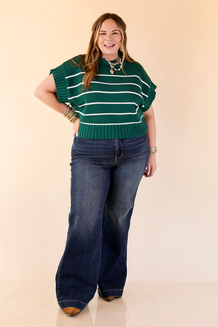 Sweet in Stripes Short Sleeve Striped Mock Neck Sweater in Forest Green