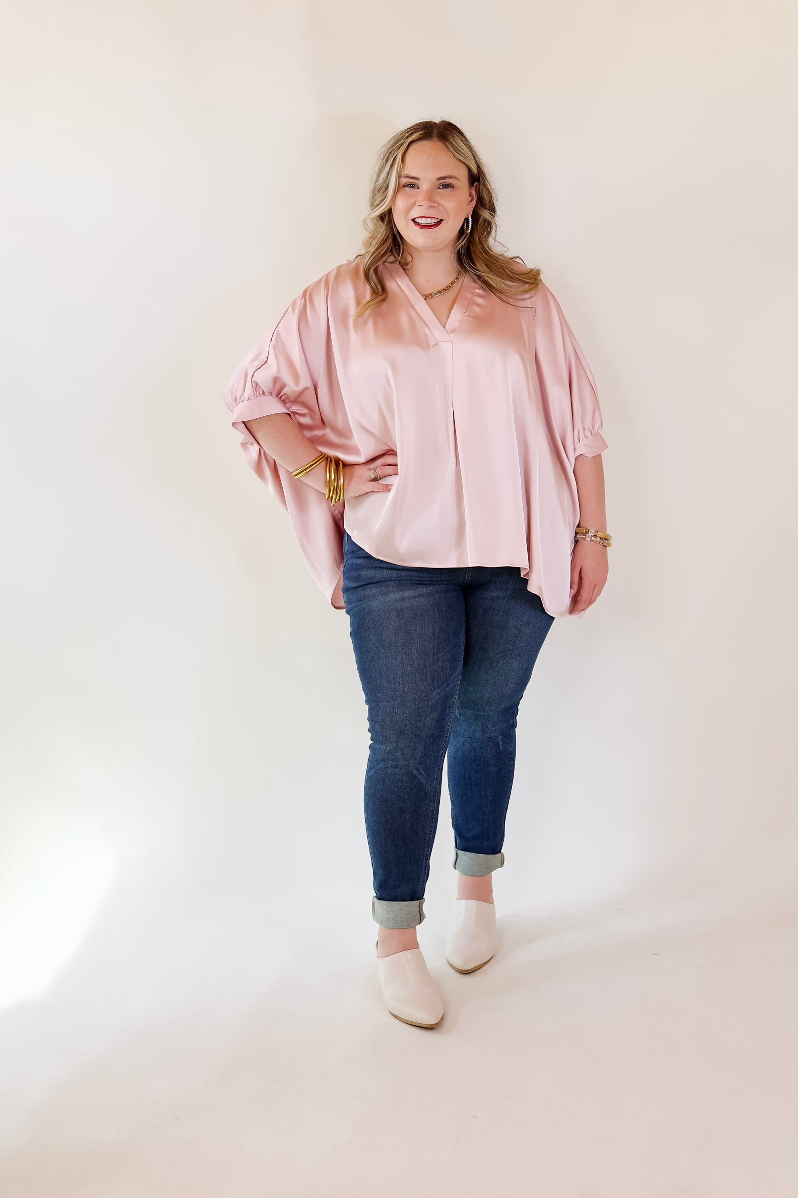 Irresistibly Chic Half Sleeve Oversized Blouse in Light Pink - Giddy Up Glamour Boutique