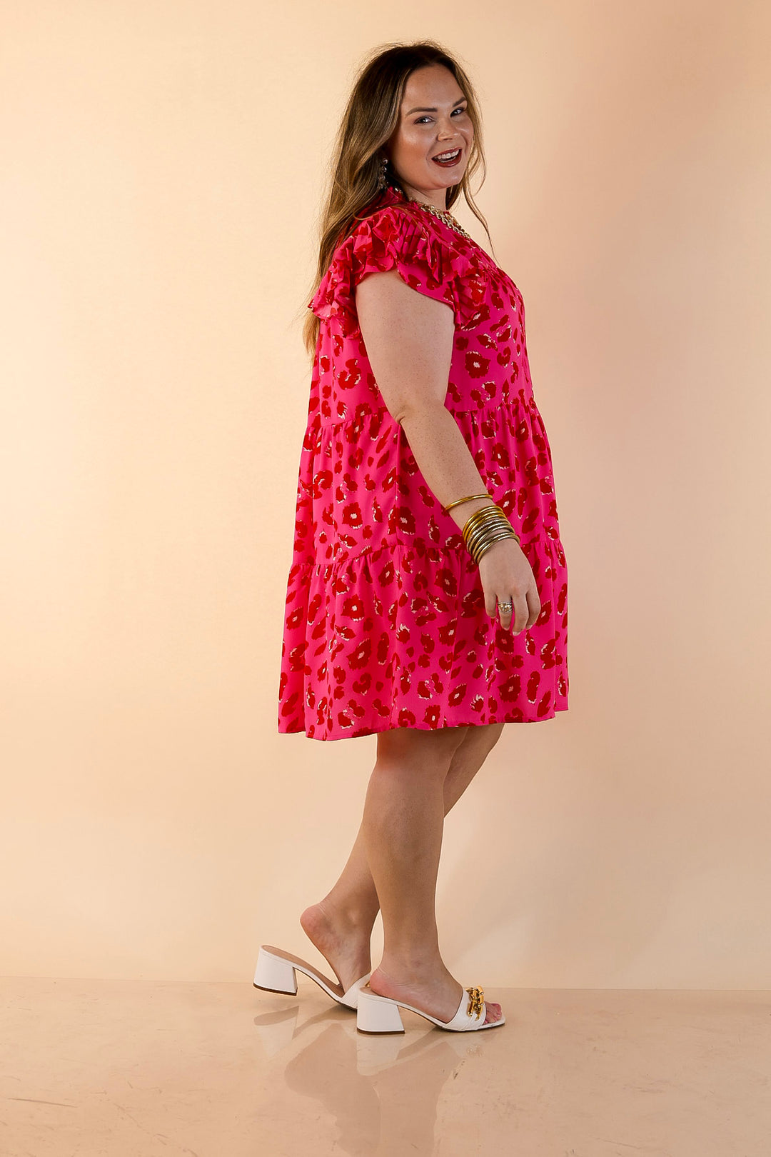 Daring and Delightful Leopard Print Dress with Ruffle Cap Sleeves in Pink and Red