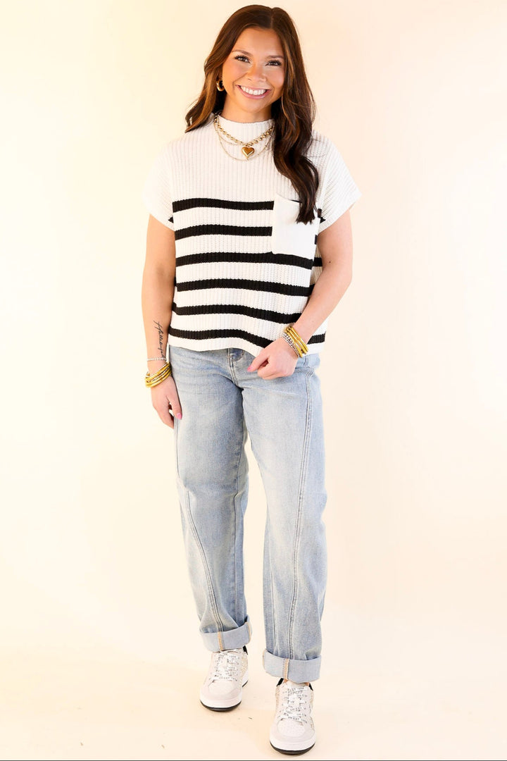 Repeat Worthy Striped Cap Sleeve Cropped Sweater with Front Pocket in Ivory