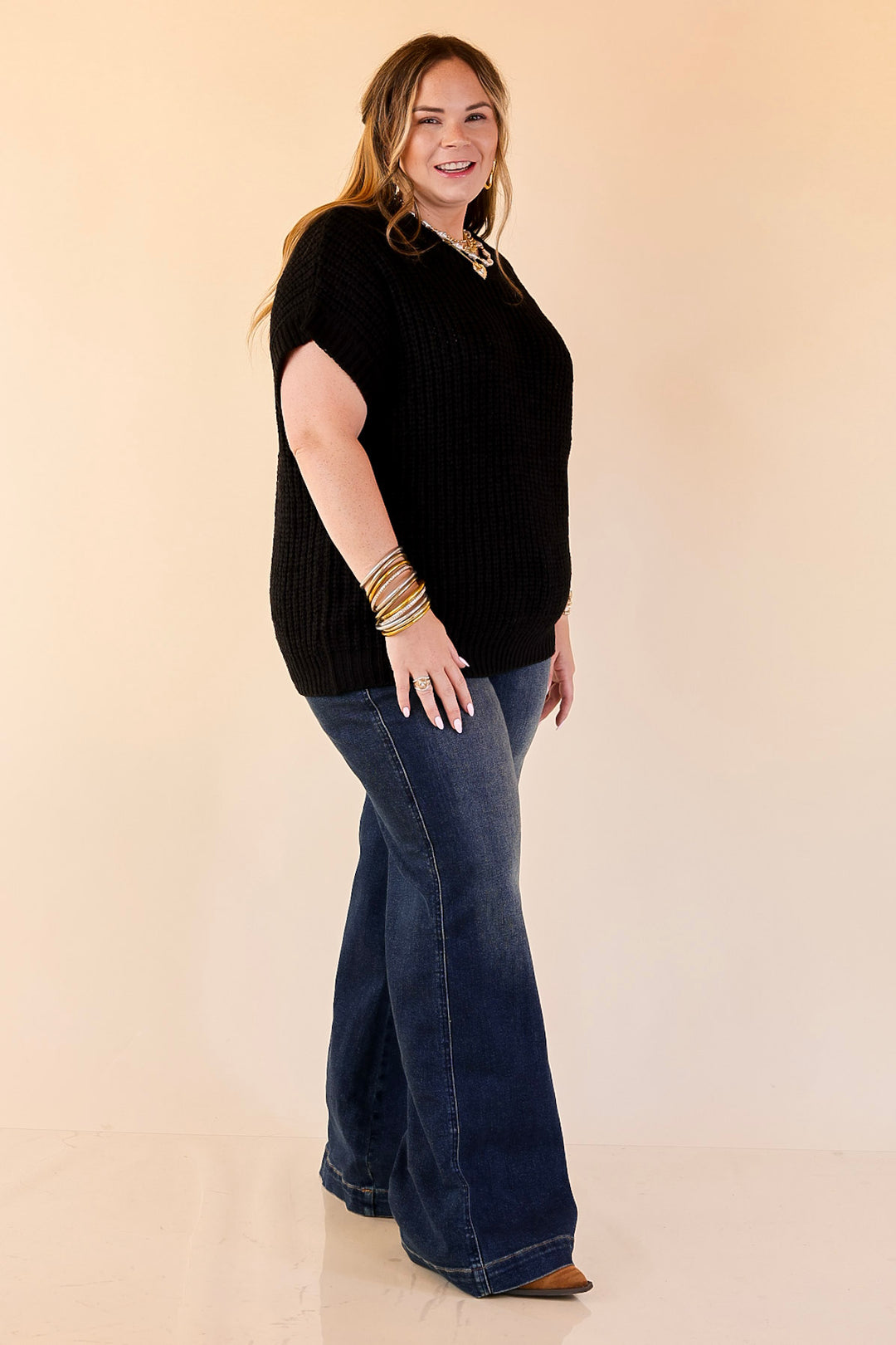 Tried and True Short Sleeve Oversized Knit Sweater in Black