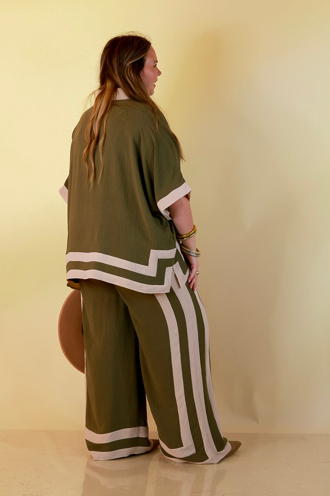 First Class Chic Button Front Collared Top with Matching Wide Leg Pants Set in Olive Green and Ivory