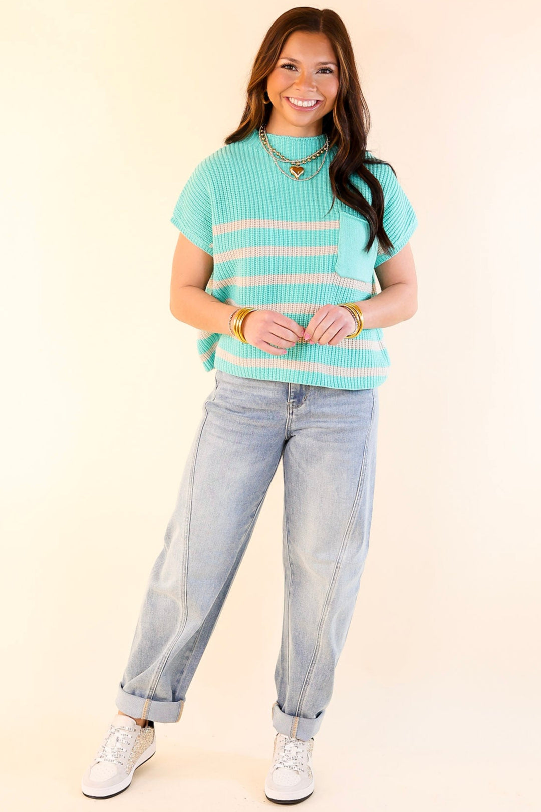 Repeat Worthy Striped Cap Sleeve Cropped Sweater with Front Pocket in Mint Green