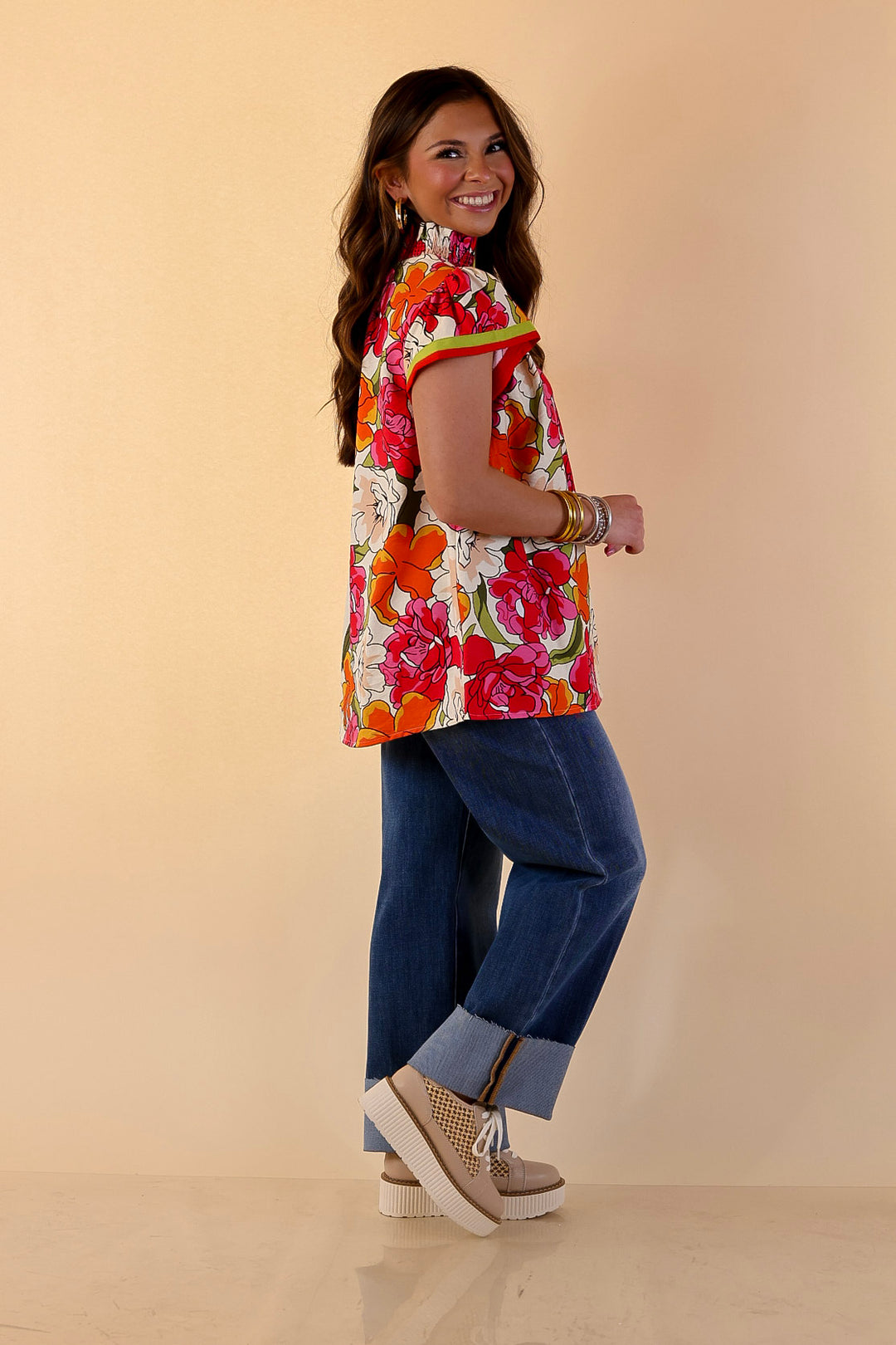 Spring Symphony Floral Print Flutter Sleeve Top with Contrast Trim Split Neckline in Pink and Orange