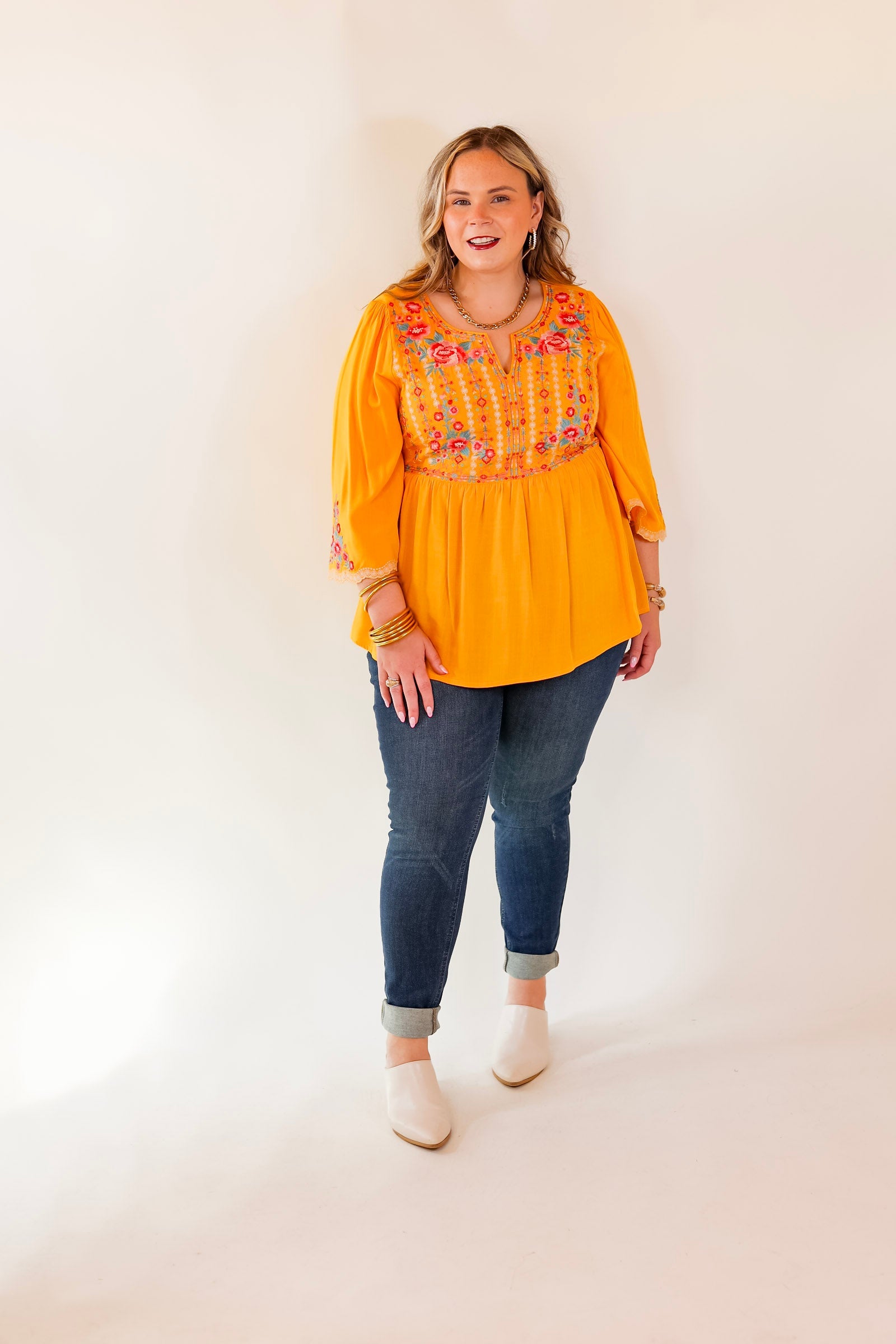 Already Mine 3/4 Bell Sleeve Embroidered Babydoll Top in Yellow - Giddy Up Glamour Boutique